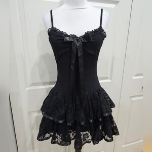 Dolls Kill Widow Haunted Beauty Lace tiered Goth Bow Mini Little Black Dress S
